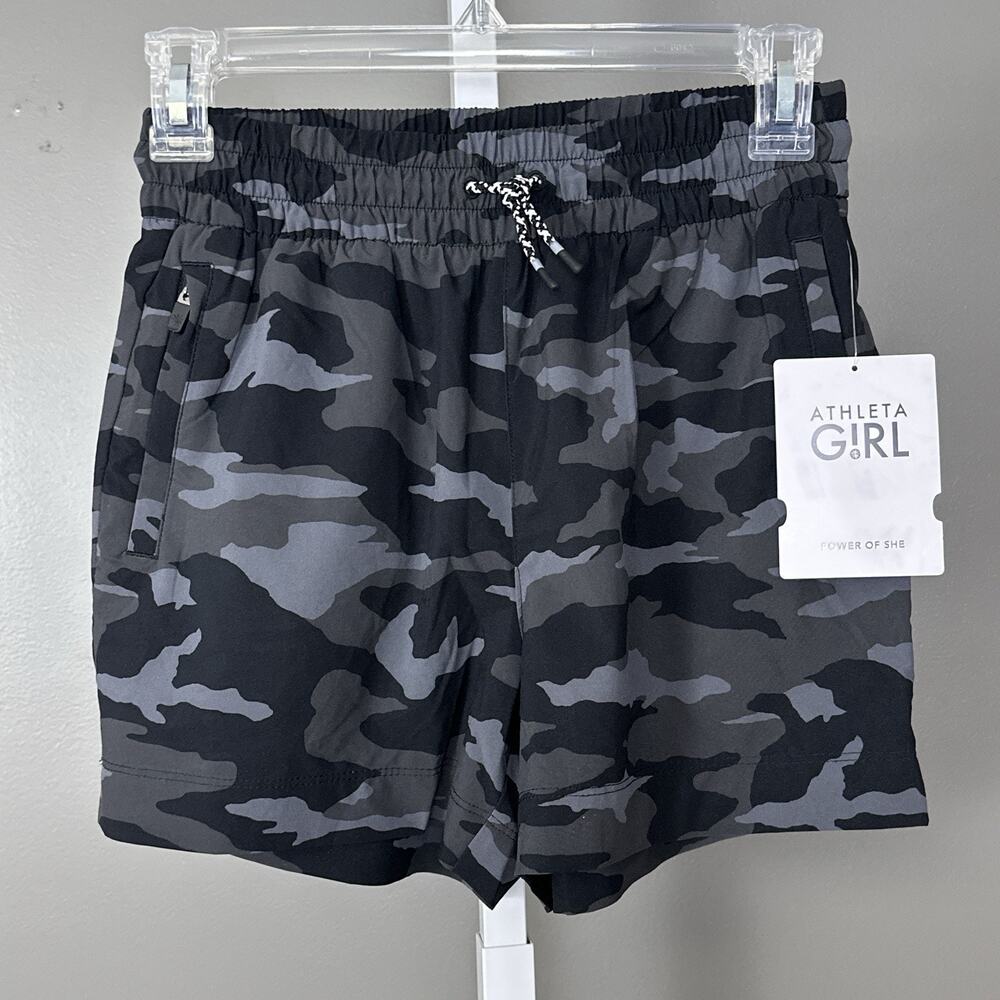Athleta Girl Play More 3" Shorts Girls Large 12 Black Gray Camo Camouflage NWT